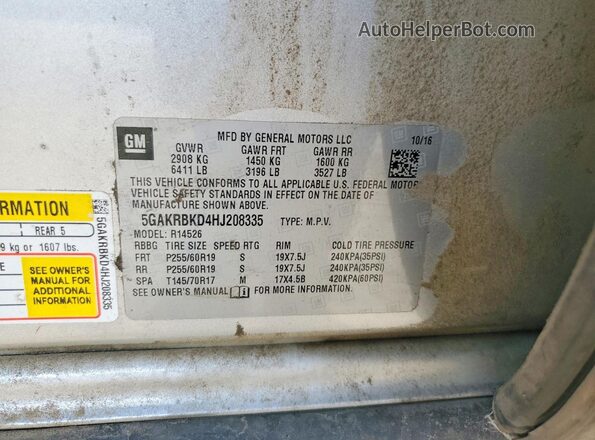 5GAKRBKD4HJ208335 2017 BUICK ENCLAVE Silver Vista de la etiqueta del VIN