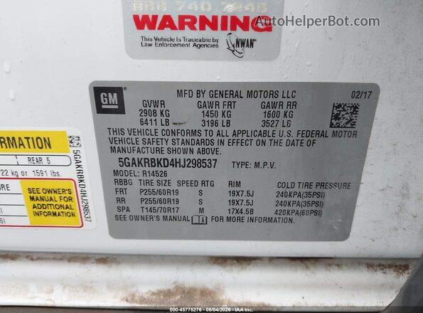 5GAKRBKD4HJ298537 2017 BUICK ENCLAVE Белый Вид подкапотного пространства