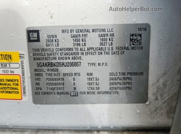5GAKRBKD5HJ206867 2017 BUICK ENCLAVE White Widok naklejki z numerem VIN