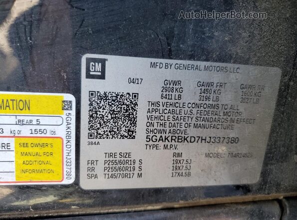 5GAKRBKD7HJ337380 2017 BUICK ENCLAVE Black VIN კოდის სტიკერის ხედი