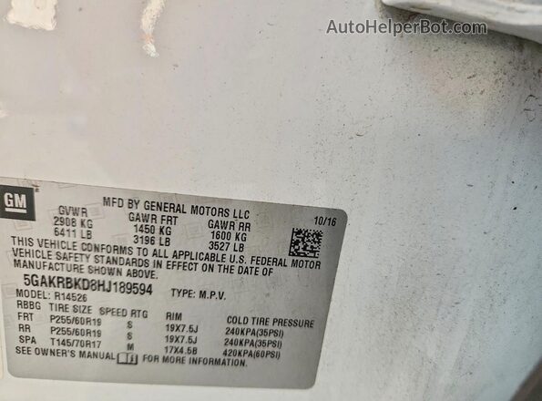 5GAKRBKD8HJ189594 2017 BUICK ENCLAVE White Vista de la etiqueta del VIN