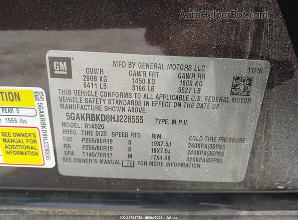 5GAKRBKD8HJ228555 2017 BUICK ENCLAVE Brown Вид підкапотного простору