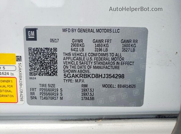 5GAKRBKD8HJ354298 2017 BUICK ENCLAVE White VIN კოდის სტიკერის ხედი