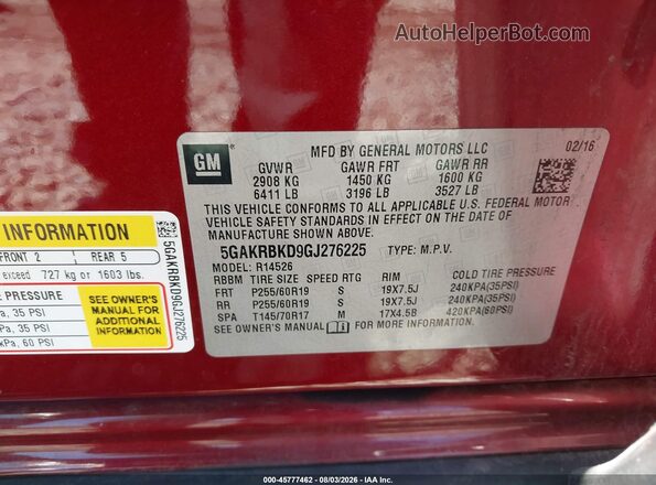 5GAKRBKD9GJ276225 2016 BUICK ENCLAVE Burgundy Շարժիչի բաժամունքի տեսք