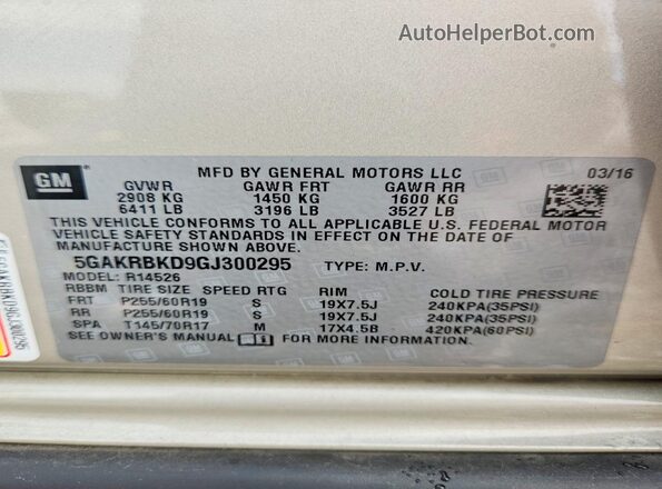 5GAKRBKD9GJ300295 2016 BUICK ENCLAVE Gold Vista de la etiqueta del VIN