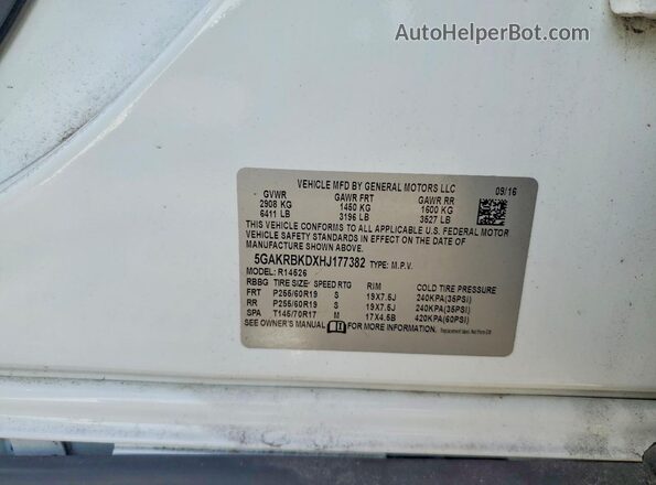 5GAKRBKDXHJ177382 2017 BUICK ENCLAVE White VIN կոդի պիտակի տեսք