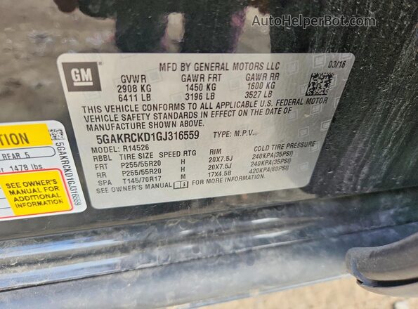5GAKRCKD1GJ316559 2016 BUICK ENCLAVE Black VIN կոդի պիտակի տեսք