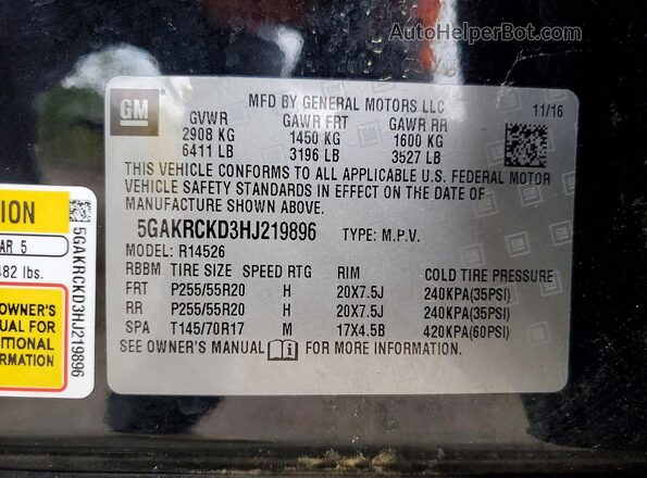 5GAKRCKD3HJ219896 2017 BUICK ENCLAVE Black Vista de la etiqueta del VIN
