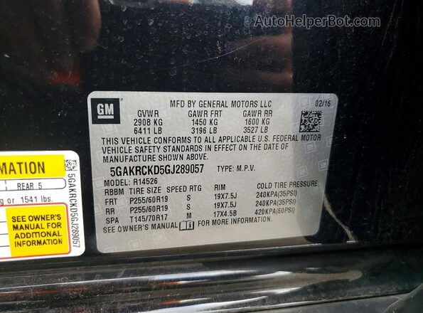5GAKRCKD5GJ289057 2016 BUICK ENCLAVE Black VIN კოდის სტიკერის ხედი