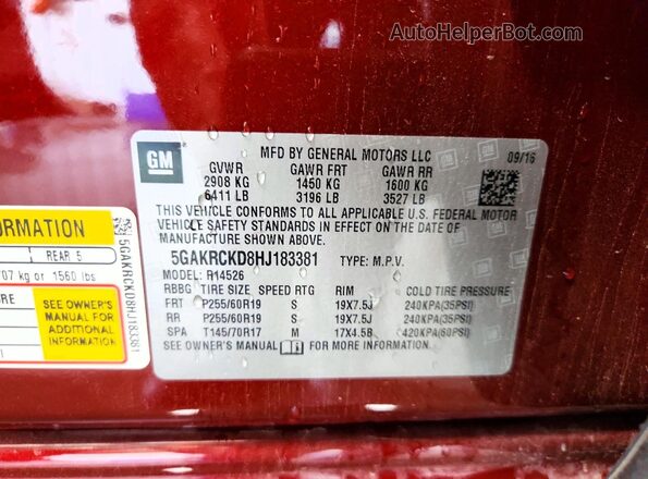 5GAKRCKD8HJ183381 2017 BUICK ENCLAVE Maroon Вид наклейки з VIN-кодом