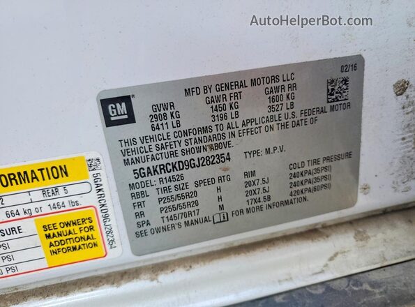 5GAKRCKD9GJ282354 2016 BUICK ENCLAVE White VIN კოდის სტიკერის ხედი