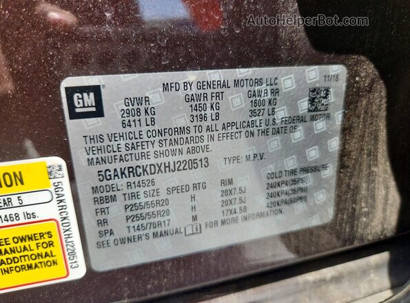 5GAKRCKDXHJ220513 2017 BUICK ENCLAVE Brown Вид наклейки з VIN-кодом