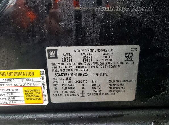 5GAKVBKD1GJ109725 2016 BUICK ENCLAVE Black Widok naklejki z numerem VIN