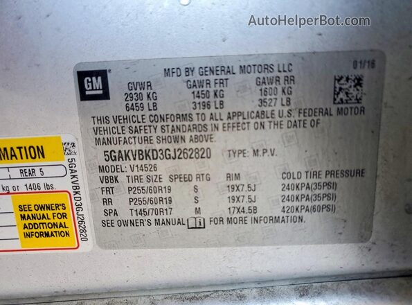 5GAKVBKD3GJ262820 2016 BUICK ENCLAVE Silver Vista de la etiqueta del VIN