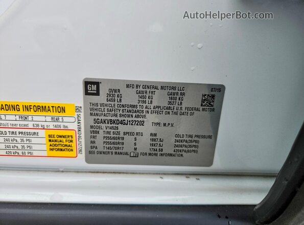 5GAKVBKD4GJ127202 2016 BUICK ENCLAVE Белый Вид наклейки с VIN-кодом