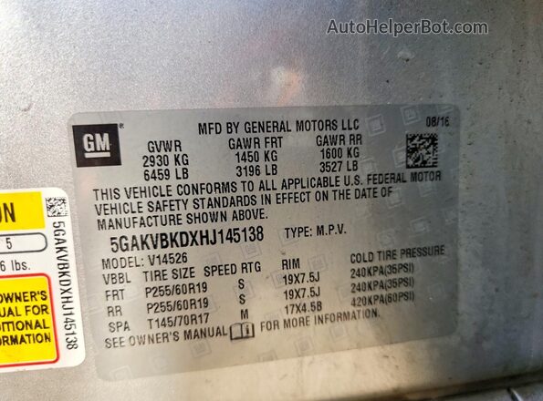 5GAKVBKDXHJ145138 2017 BUICK ENCLAVE Silver Vista de la etiqueta del VIN