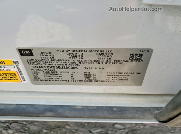 5GAKVCKD0GJ230056 2016 BUICK ENCLAVE White VIN կոդի պիտակի տեսք