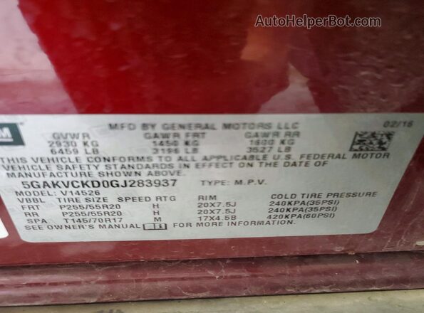 5GAKVCKD0GJ283937 2016 BUICK ENCLAVE Maroon Vista de la etiqueta del VIN
