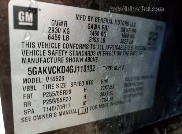 5GAKVCKD4GJ110132 2016 BUICK ENCLAVE Brown VIN sticker view