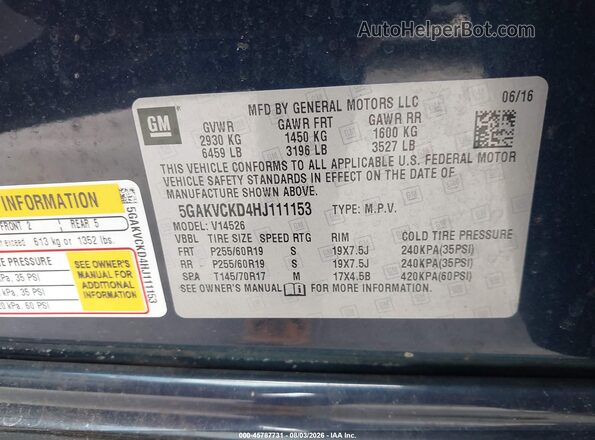 5GAKVCKD4HJ111153 2017 BUICK ENCLAVE Dark Blue Vista del compartimento del motor