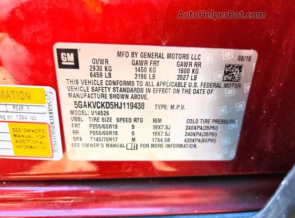 5GAKVCKD5HJ119438 2017 BUICK ENCLAVE Red Widok naklejki z numerem VIN