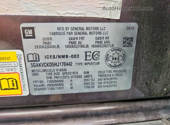 5GAKVCKD5HJ178442 2017 BUICK ENCLAVE Коричневый Панорамный вид салона 360°
