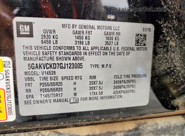 5GAKVCKD7GJ123005 2016 BUICK ENCLAVE Black VIN sticker view