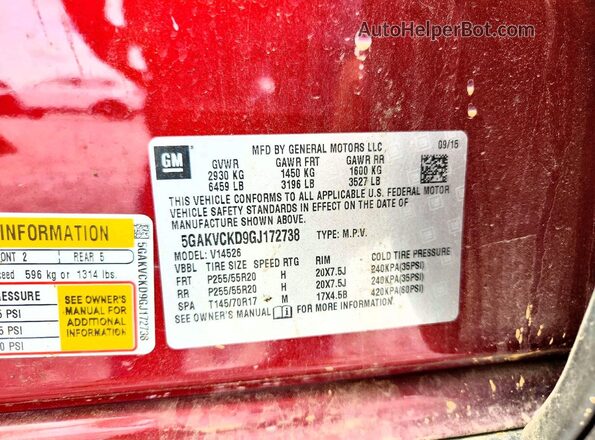 5GAKVCKD9GJ172738 2016 BUICK ENCLAVE Темно-бордовый Вид наклейки с VIN-кодом