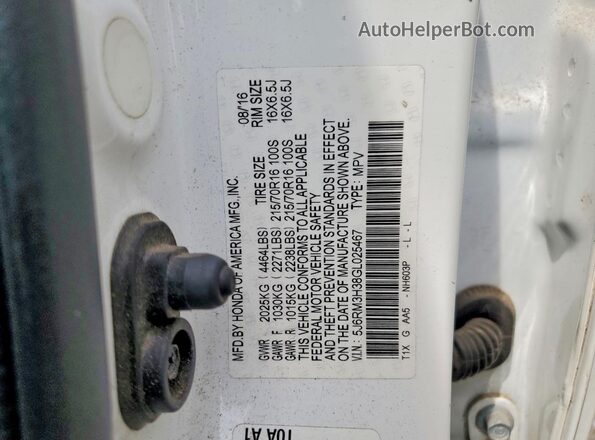 5J6RM3H38GL025467 2016 HONDA CR-V White Вид підкапотного простору