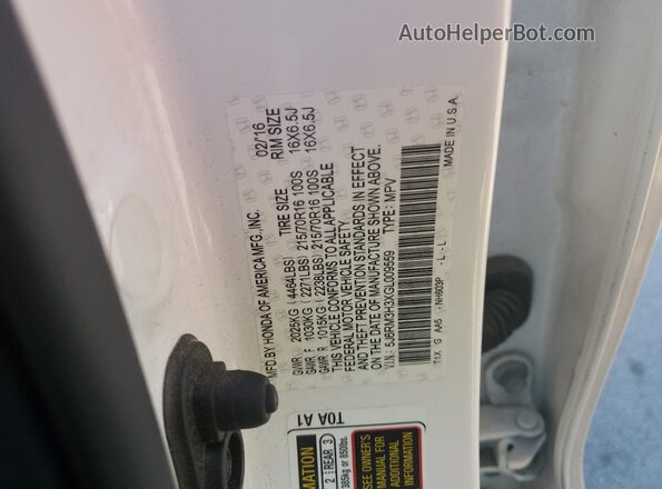 5J6RM3H3XGL009559 2016 HONDA CR-V White Вид наклейки з VIN-кодом
