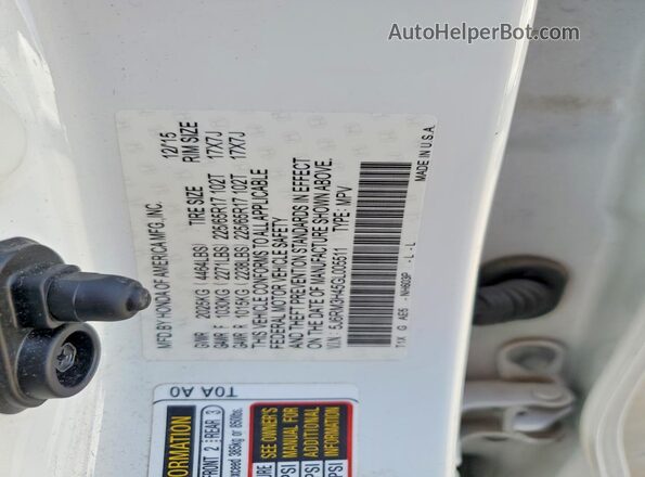 5J6RM3H45GL005511 2016 HONDA CR-V White VIN sticker view