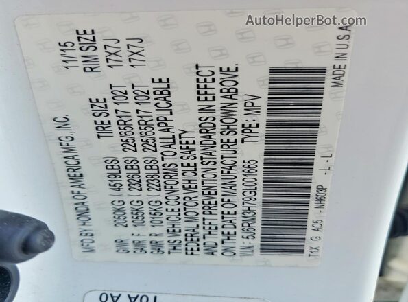 5J6RM3H79GL001665 2016 HONDA CR-V Белый Панорамный вид салона 360°