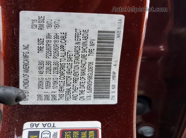 5J6RM3H98GL008706 2016 HONDA CR-V Burgundy VIN sticker view