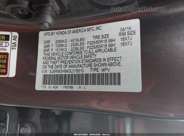 5J6RM3H99GL016510 2016 HONDA CR-V Gray Vista del compartimento del motor