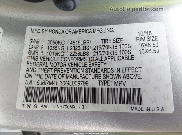 5J6RM4H30GL009799 2016 HONDA CR-V Silver Շարժիչի բաժամունքի տեսք