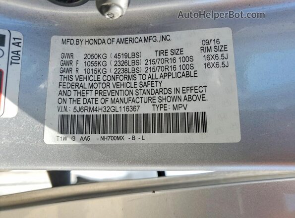 5J6RM4H32GL116367 2016 HONDA CR-V Silver VIN კოდის სტიკერის ხედი