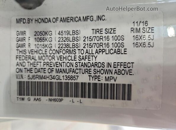 5J6RM4H34GL135857 2016 HONDA CR-V White Engine compartment view