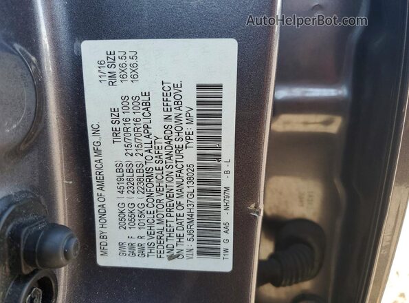 5J6RM4H37GL138025 2016 HONDA CR-V Gray Widok naklejki z numerem VIN