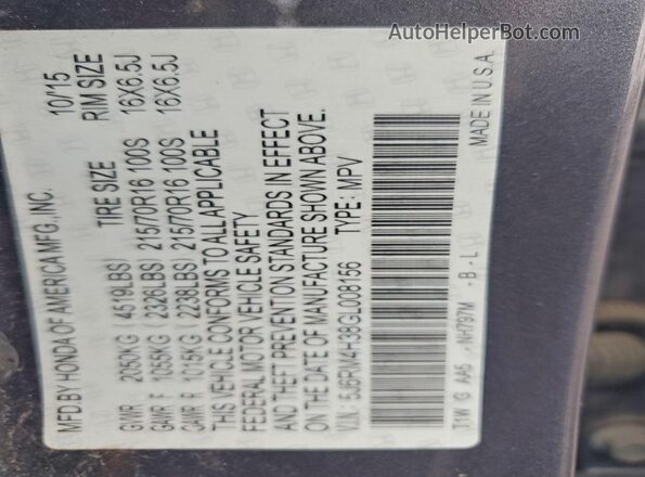 5J6RM4H38GL008156 2016 HONDA CR-V Gray Vista de la etiqueta del VIN