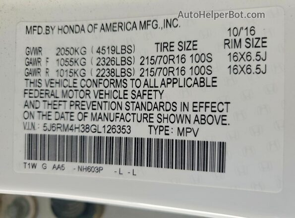 5J6RM4H38GL126353 2016 HONDA CR-V White Widok naklejki z numerem VIN