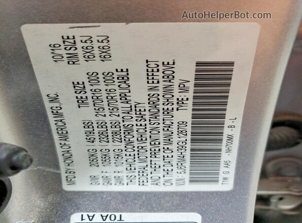 5J6RM4H39GL128709 2016 HONDA CR-V Silver VIN sticker view
