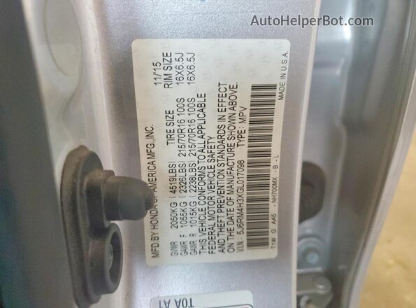 5J6RM4H3XGL017098 2016 HONDA CR-V Silver Widok naklejki z numerem VIN