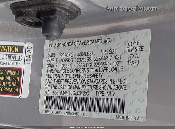 5J6RM4H40GL031200 2016 HONDA CR-V Silver Շարժիչի բաժամունքի տեսք