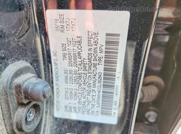 5J6RM4H40GL082843 2016 HONDA CR-V Black VIN კოდის სტიკერის ხედი