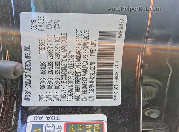 5J6RM4H42GL052078 2016 HONDA CR-V Black Widok naklejki z numerem VIN