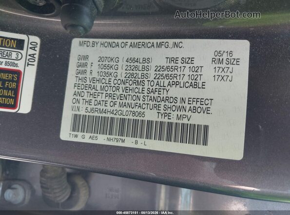 5J6RM4H42GL078065 2016 HONDA CR-V Gray Vista del compartimento del motor