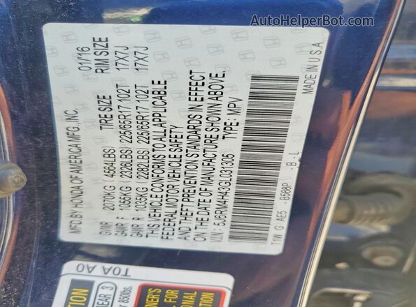 5J6RM4H43GL031305 2016 HONDA CR-V Синий Вид наклейки с VIN-кодом