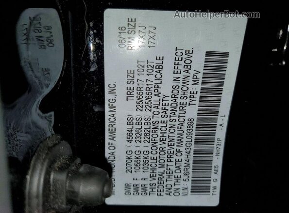 5J6RM4H43GL093898 2016 HONDA CR-V Black Widok wnętrza 360 stopni