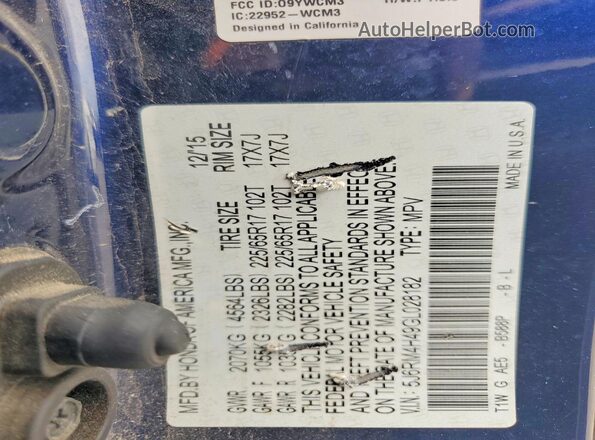 5J6RM4H49GL028182 2016 HONDA CR-V Blue Widok naklejki z numerem VIN