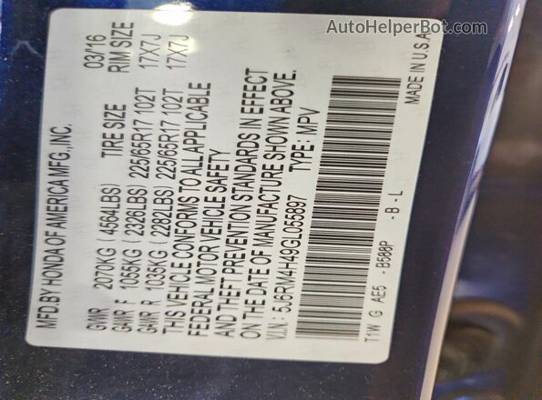 5J6RM4H49GL055897 2016 HONDA CR-V Blue Vista de la etiqueta del VIN